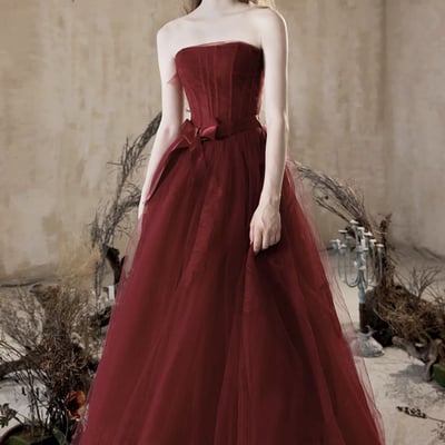 Burgundy strapless tulle long prom dress, beautiful eevening party dress - Thumbnail 1