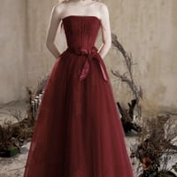 Burgundy Strapless Tulle Long Prom Dress, Beautiful Eevening Party Dress - Thumbnail 1