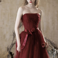 Burgundy Strapless Tulle Long Prom Dress, Beautiful Eevening Party Dress - Thumbnail 2