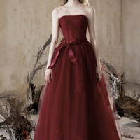 Burgundy Strapless Tulle Long Prom Dress, Beautiful Eevening Party Dress - Thumbnail 3