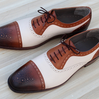 Crafted Leather Classic Men Brown Cream Leather Oxford Dress Shoes - Thumbnail 1