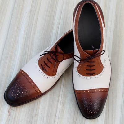 Crafted leather classic men brown cream leather oxford dress shoes - Thumbnail 4