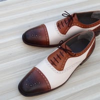 Crafted Leather Classic Men Brown Cream Leather Oxford Dress Shoes - Thumbnail 2