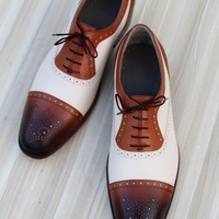 Crafted Leather Classic Men Brown Cream Leather Oxford Dress Shoes - Thumbnail 3