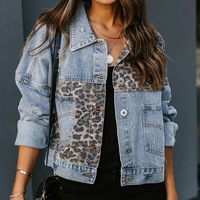  women's leopard print splicing denim jacket - Thumbnail 1