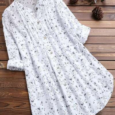Women stand up collar loose casual blouse long sleeve floral shirt