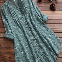 Women Stand up collar loose casual Blouse Long sleeve floral shirt - Thumbnail 1