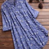 Women Stand up collar loose casual Blouse Long sleeve floral shirt - Thumbnail 2