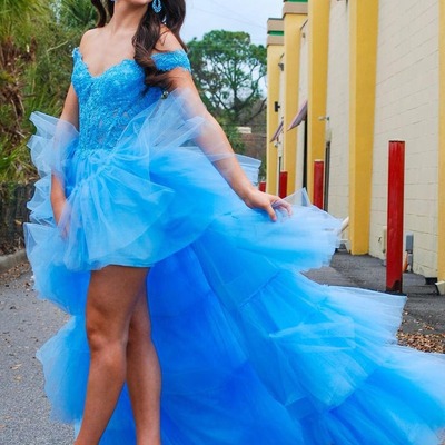 Stunning blue off the shoulder tulle high low long prom dresses ,pd231108