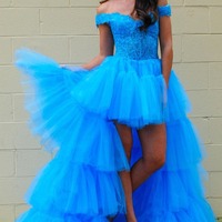 Stunning Blue Off the Shoulder Tulle High Low Long Prom Dresses ,PD231108 - Thumbnail 1