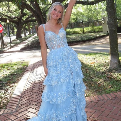Cute light blue sweetheart tulle long prom dresses with sparkly appliques,pd231111