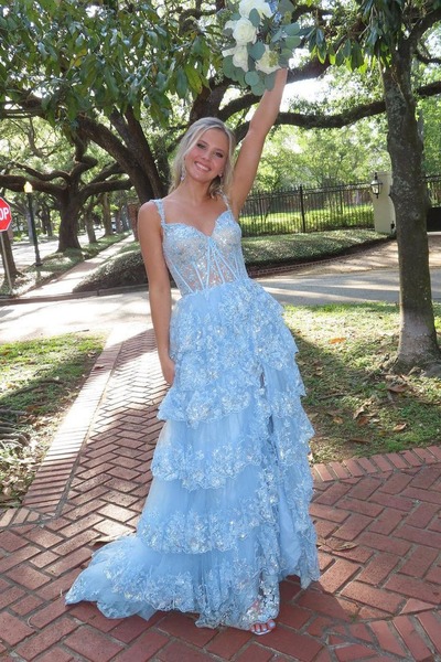 Cute Light Blue Sweetheart Tulle Long Prom Dresses with Sparkly Appliques,PD231111