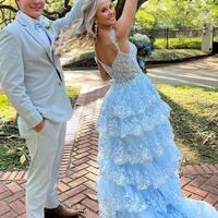 Cute Light Blue Sweetheart Tulle Long Prom Dresses with Sparkly Appliques,PD231111 - Thumbnail 1