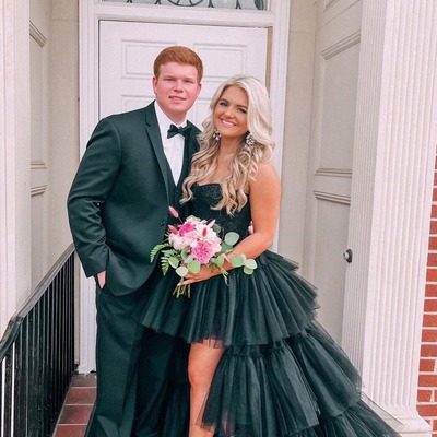 Cute black hight-low sweetheart tulle long prom dresses with lace ,pd231112