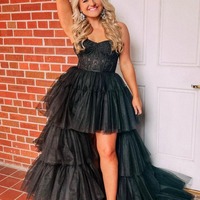 Cute Black Hight-Low Sweetheart Tulle Long Prom Dresses with Lace ,PD231112 - Thumbnail 1