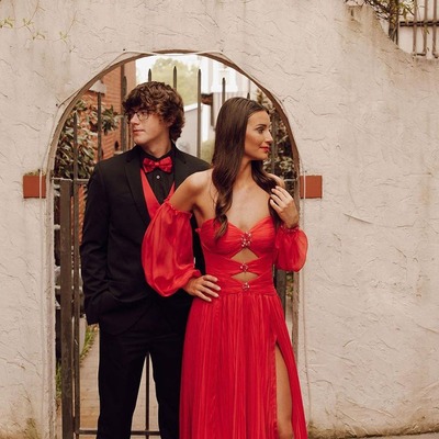 Charming red a line sweetheart chiffon long prom dresses with long sleeves,pd231113