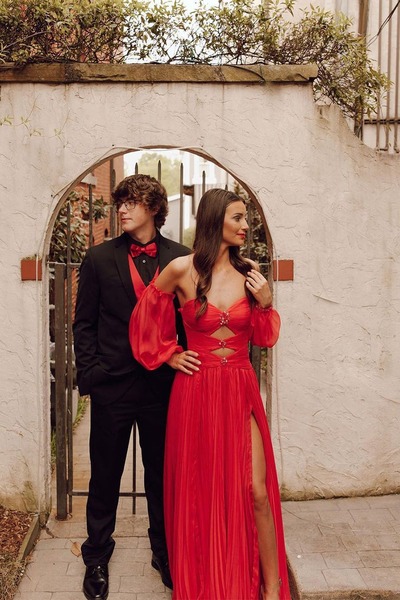 Charming Red A Line Sweetheart Chiffon Long Prom Dresses with Long Sleeves,PD231113