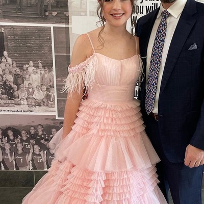 Fairy pink ball gown scoop neck tulle prom dresses with feather,pd231114