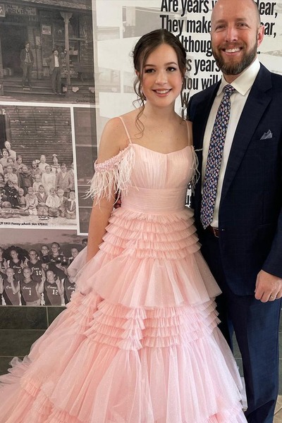 Fairy Pink Ball Gown Scoop Neck Tulle Prom Dresses with Feather,PD231114