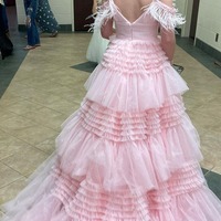 Fairy Pink Ball Gown Scoop Neck Tulle Prom Dresses with Feather,PD231114 - Thumbnail 1