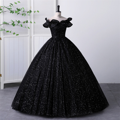 Black Sparkle Evening Gown Elegant Off-shoulder Puffy Skirt