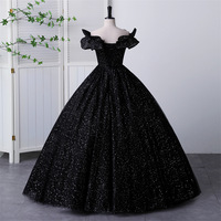 Black Sparkle Evening Gown Elegant Off-shoulder Puffy Skirt - Thumbnail 1