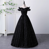 Black Sparkle Evening Gown Elegant Off-shoulder Puffy Skirt - Thumbnail 2