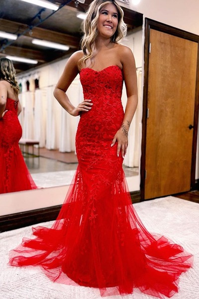 Cute Sweetheart Red Tulle Mermaid Prom Dresses with Appliques,PD231115