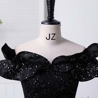 Black Sparkle Evening Gown Elegant Off-shoulder Puffy Skirt - Thumbnail 3