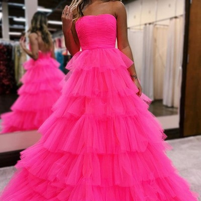 Cute hot pink tulle strapless long prom dresses ,pd231119