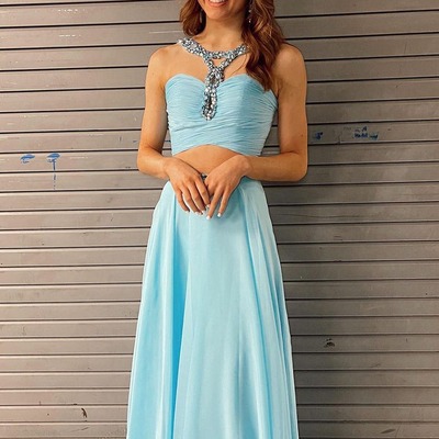 Charming a line chiffon round neck prom dresses with beading  ,pd231122