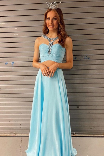 Charming A Line Chiffon Round Neck Prom Dresses with Beading  ,PD231122