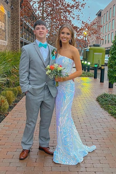 Cute One Shoulder White Sequins Mermaid Prom Dresses ,PD231123