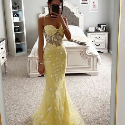 Simple yellow mermaid lace appliques prom dress formal evening dresses