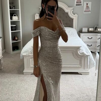 Simple champagne sheath sequins prom dress formal evening dresses