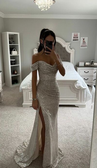 Simple Champagne Sheath Sequins Prom Dress Formal Evening Dresses