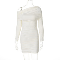 Fashionable and sexy one-shoulder pleated solid color hip dress - Thumbnail 1