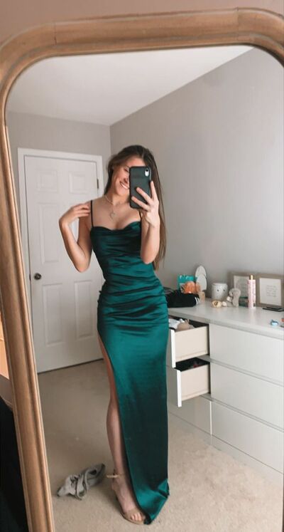 Simple Dark Green Sheath Side Slit Prom Dress Formal Evening Dresses