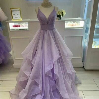 Elegant tiered violet sequins prom dress formal evening dresses