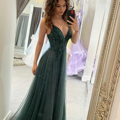 Sexy dark green a line beading crystals prom dress formal evening dresses