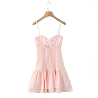 Single-breasted flower embroidered suspender skirt dress with bow on the chest - Thumbnail 1