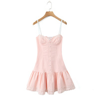 Single-breasted flower embroidered suspender skirt dress with bow on the chest - Thumbnail 2