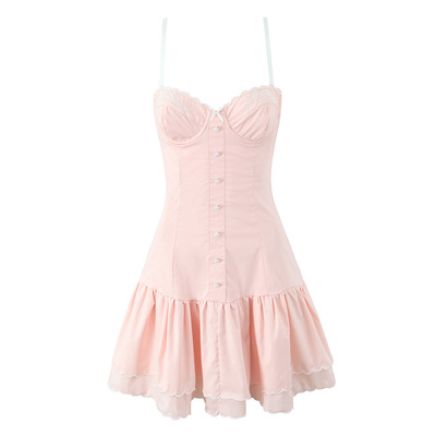 Single-breasted flower embroidered suspender skirt dress with bow on the chest - Thumbnail 5