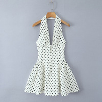 Retro Polka Dot Print Deep V-Neck Halter Dress - Thumbnail 5