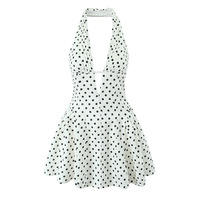 Retro Polka Dot Print Deep V-Neck Halter Dress - Thumbnail 3