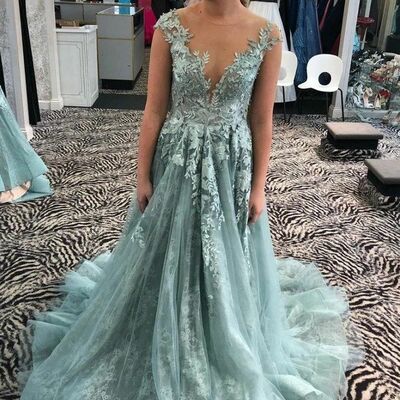 Ball gown blue lace appliques prom dress evening gowns - Thumbnail 4
