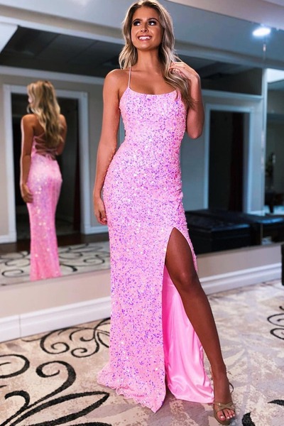 Cute Scoop Neck Pink Sequins Mermaid Prom Dresses with Slit ,PD231124