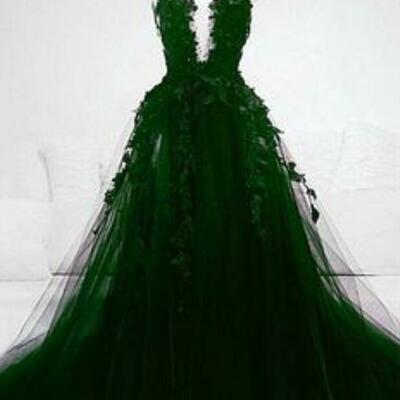 Dark green ball gown appliques lace prom dress evening gowns - Thumbnail 3