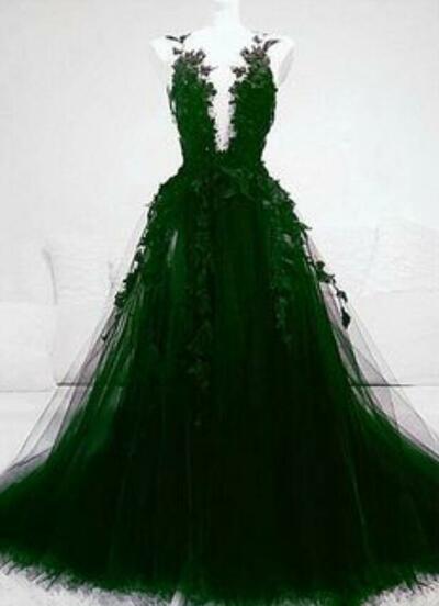 Dark Green Ball Gown Appliques Lace Prom Dress Evening Gowns