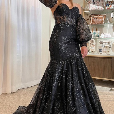 Cute sweetheart black sequins lace mermaid prom dresses with sleeves,pd231125